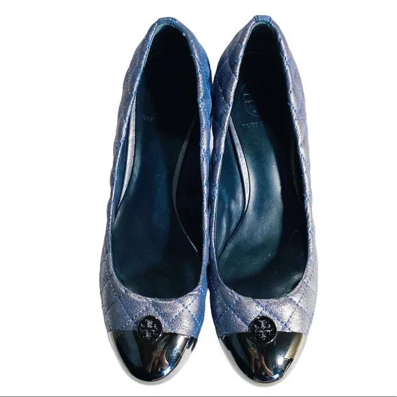 Tory Burch Kaitlin Quilted Cap Toe Navy Blue Metallic Pump Block Heel Size 9 M - Picture 2 of 12